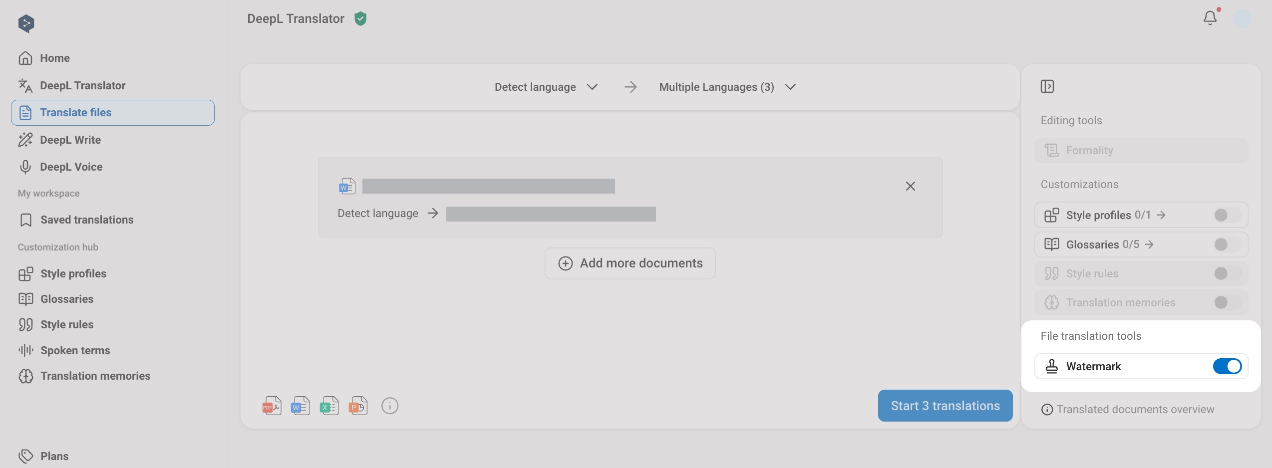Watermark toggle on file translation page